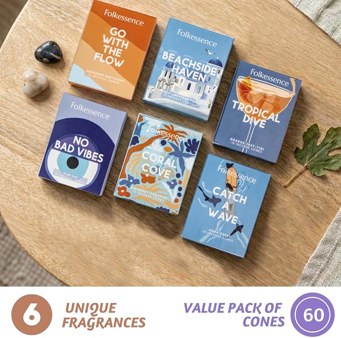 Folkulture Incense Cones (60 Cones) | Set of 6 Beach Please Insense Cones for Relaxation & Meditation | No Charcoal, Organic, Non Toxic | Blue Oud, Orange Zest, Coconut Inscents-Cones