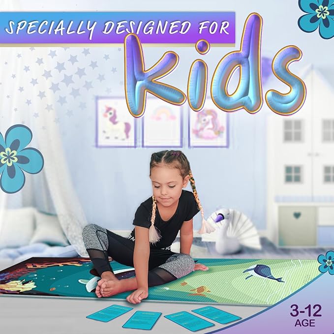 Kids Yoga Mat Set for Boys & Girls - Doll, Unicorn, Mermaid, Panda, Dinosaur and UnderWater - Chemical Free - Non-Toxic - Non-Slip - 60 X 24 X 0.2 Inches - w/ 12 Yoga Cards - Cute Carrier Bag - Ages 3-12 - Bloomnest