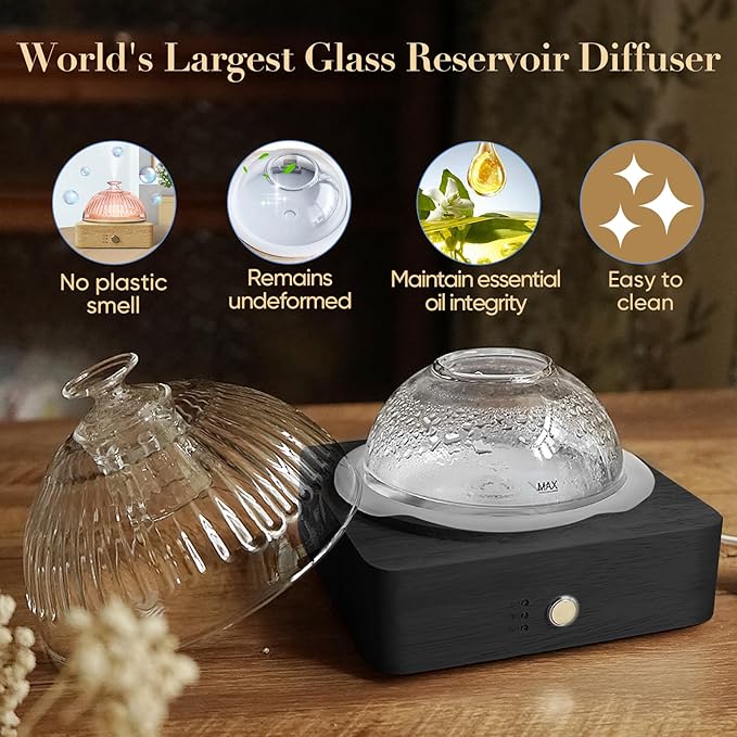 Glass Dome Essential Oil Diffuser with Glass Reservoir & Wood Base-Plastic Free, 200ml Ultrasonic Diffuser for Aromatherapy with Timer 7 Color Light Auto-Off for Home Office Yoga Dark Brown - Bloomnest