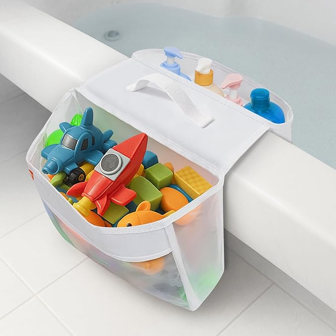 Bath Toy Organizer with 2 Pockets, Large Capacity Mesh Storage with Grip, Quick Dry, Perfect for Organizing Toys and Bath Essentials, Fits 6-Inch Tub Edges - Bloomnest