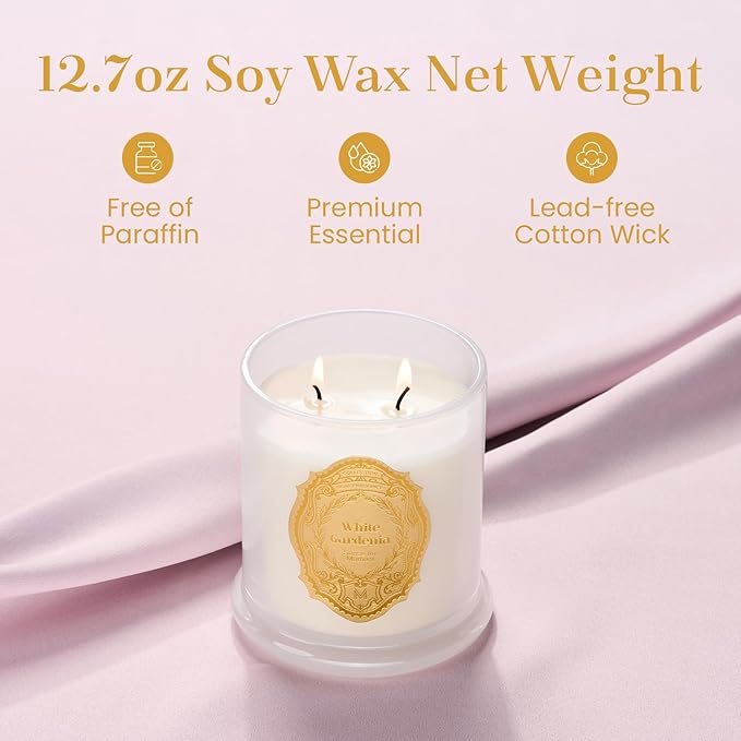 M&SENSE White Gardenia Candles for Home Scented, 2 Wick 12.7oz Soy Wax Candles Non Toxic,70 Hours Long Burning,Luxury Candles Gift for Stress Relief, Meditation, Yoga - Bloomnest