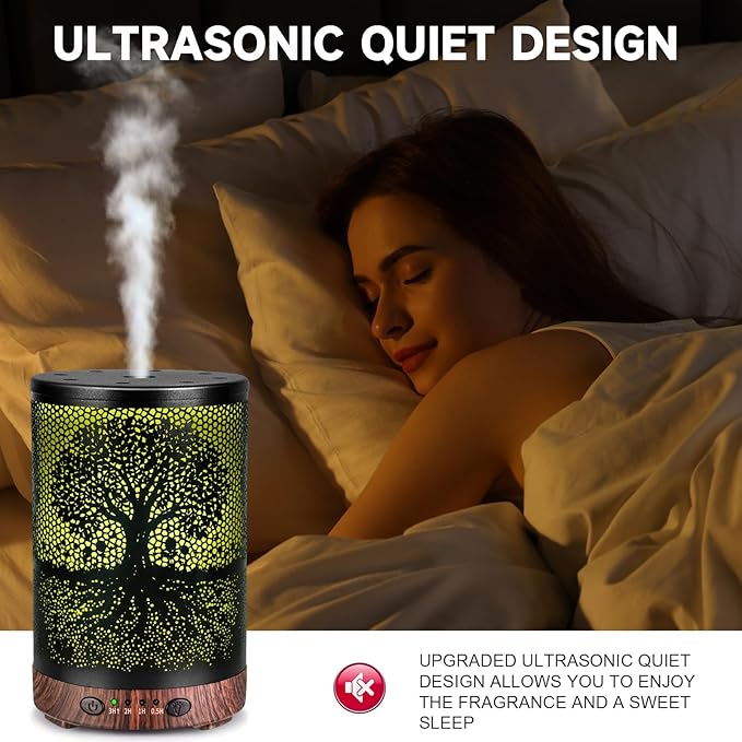 Essential Oil Diffuser 120ML Metal Aromatherapy Diffuser with Timer, Cool Mist Humidifier with Auto Shut-Off & 7 Color Lights for Home Office Spa (Life Tree) - Bloomnest