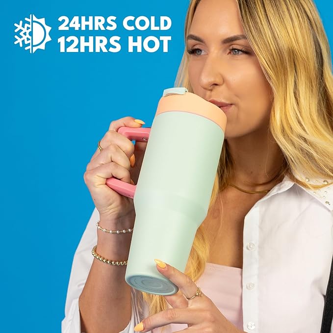 Elemental 32 oz 100% Leak Proof Tumbler with Handle & Straw - Stainless Steel Double Wall Insulated Tumbler for Hot and Cold Beverages - Travel Coffee Mug with Sip & Straw Lid - Mint Sorbet - Bloomnest