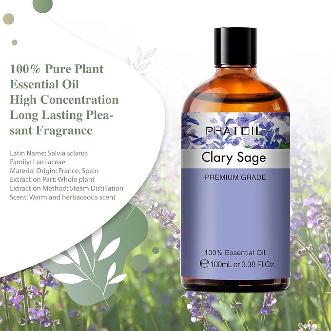 PHATOIL 3.38FL.OZ Clary Sage Essential Oil for Aromatherapy Diffusers with Glass Dropper, Humidifiers, Great for DIY Candle and Soap Making, Huge 100ML Bottle - Bloomnest