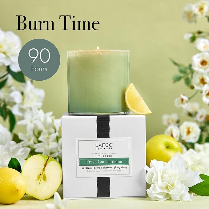 LAFCO New York Signature Candle, Fresh Cut Gardenia - 15.5 oz - 90-Hour Burn Time - Reusable, Hand Blown Glass Vessel - Made in The USA - Bloomnest