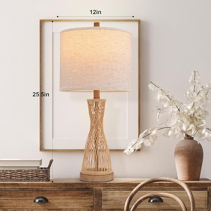 Lamps for Bedroom Wooden Bamboo Strip Table Lamp Farmhouse Bedside Lamps Set of 2 Wood Table Lamp Desk Light Bedroom Lights Bedside Lamps Set of 2,Linen Shade, 25.5 in - Bloomnest