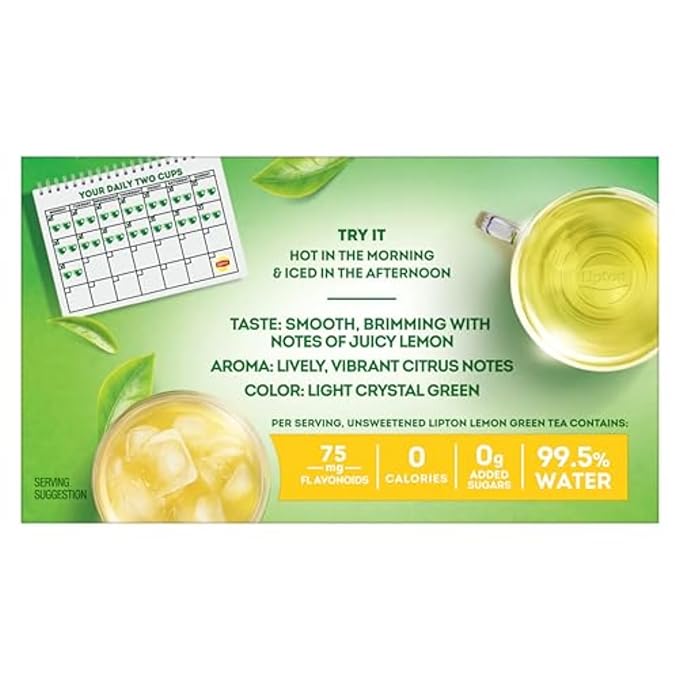Lipton Lemon Green Tea Bags, Flavored, Unsweetened Teabags for Hot Tea or Iced Tea with Caffeine and Flavonoids, 20 Total Tea Bags - Bloomnest