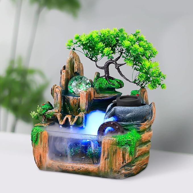 Gdrasuya10 Indoor Fountain, Tabletop Rockery Fountain with LED Lights, Goldfish Waterfall, Durable Resin Material, Ideal for Office, Home, Bedroom