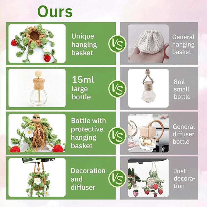 Crochet Car Air Freshener, 15ml Empty Refillable Oil Diffuser Bottle with Hanging Crochet Cute Plant for Car Rearview Mirror Decor Air Freshener Diffuser for Home and Office Decor(Two Strawberry) - Bloomnest