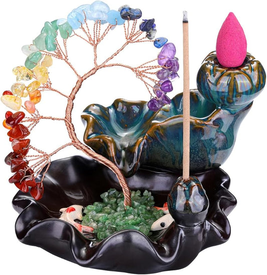 Jovivi Backflow Incense Burner Ceramic Incense Waterfall,7 Chakra Stones Healing Crystal Money Tree Incense Holder for Wealth, Good Luck, Yoga Meditation, Home Decor - Bloomnest