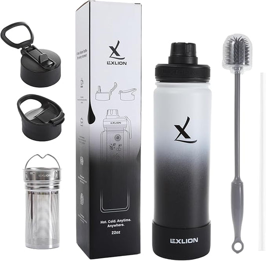 Lexlion Tea Infuser Water Bottle 22 Oz – Triple Wall Insulated Stainless Steel, Loose Leaf & Fruit Strainer, 3 Leakproof Lids, BPA-Free Silicone Sleeve, Reusable Thermal Mug - Bloomnest