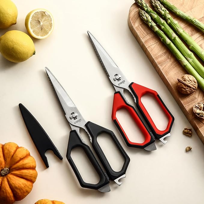 LIVINGO Kitchen Scissors Set All Purpose - Heavy Duty Stainless Steel Come Apart Food Shears for Cutting Meat, Vegetables, Dishwasher safe, 2 Pack, Red Black Multi-Function Handles - Bloomnest