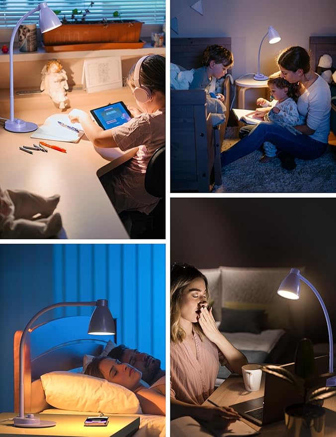 BOHON LED Desk Lamp with USB Charging Port, 3 Color Modes Fully Dimmable Reading Lamp, Auto Dimming Task Lamp, Flexible Gooseneck Table Light for Office Dorm Bedside, Adapter Include, Lilac Purple - Bloomnest