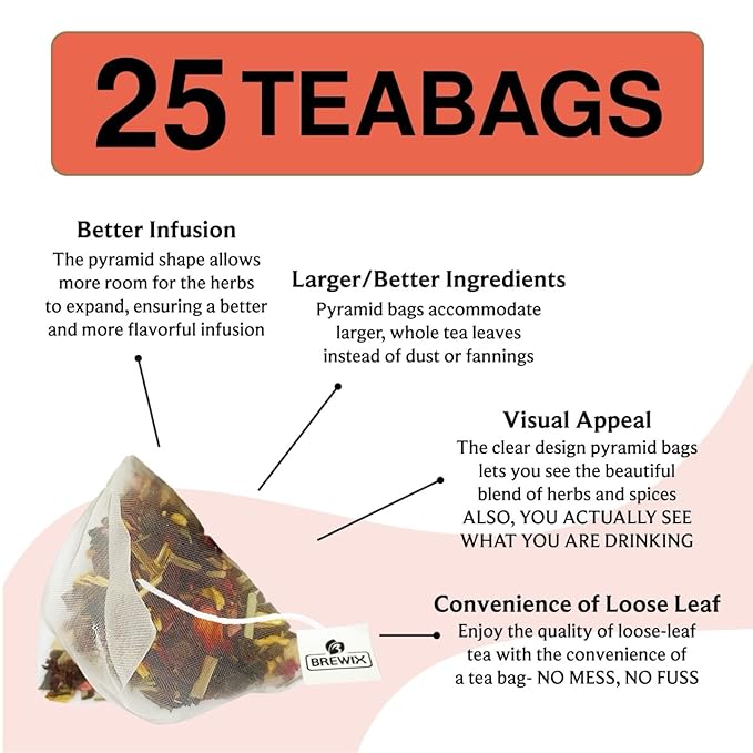 BREWIX, Mango Passion Fruit Herbal Tea Bags – 25 Plant-Based Pyramid Bags | Iced or Hot | Hibiscus, Citrus Peel, Lemongrass | Caffeine-Free & Naturally Uplifting Wellness Brew - Bloomnest