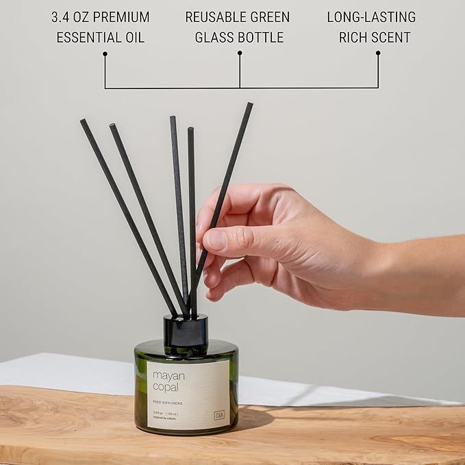 Craft & Kin Mayan Copal Reed Diffuser | All Natural Essential Oil & Rattan Scent Sticks | Winter Reed Diffusers for Home, Bathroom | Long Lasting Home Fragrance in Green Glass, 3.4oz CraftKin