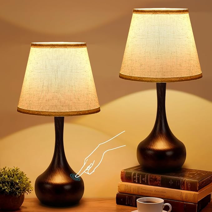 Touch Table Lamp for Bedroom Set of 2, Farmhouse 3-Way Dimmable Bedside Lamps for Nightstand with Fabric Shade, Lamps for Living Room，Desk Lamps for Home Office, Black Lamp for Bedroom - Bloomnest