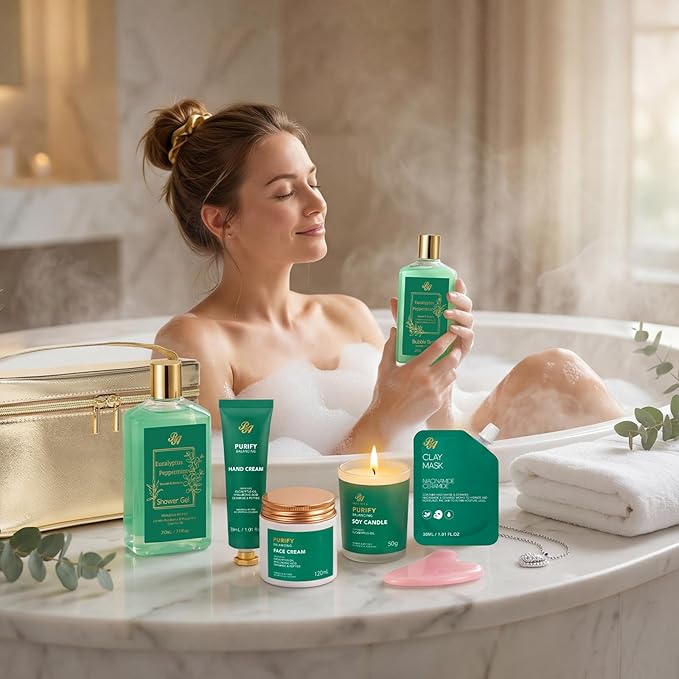25 Pcs Valentines Day Gifts for Women, Eucalyptus Bath & Body Gift Set, Hydrating Skin Care Set, Spa & Self Care Gift, Cosmetic Bag, Necklace, Christmas, Birthday, Mother's Day - Bloomnest