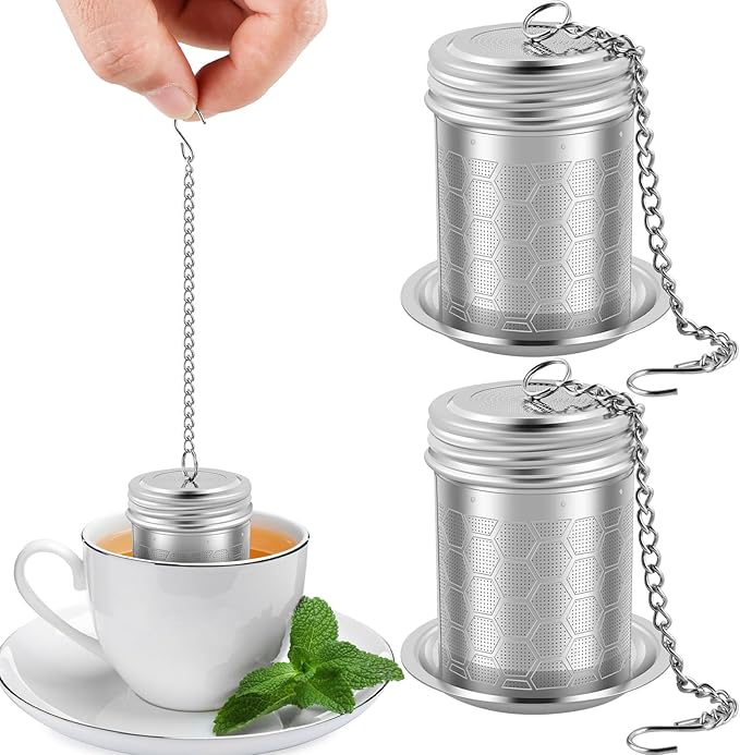 2PCS Tea Infuser Strainers with Drip Tray 304 Stainless Steel Tea Filter Strainer with Chain Hook Fine Mesh Tea Infuser Steeper Reusable Tea Strainers Easy to Use for Loose Tea Mulling Spices