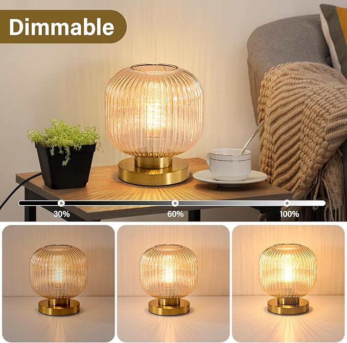 Mid Century Globe Table Lamp: Amber Vintage Pumpkin Ribbed Glass Dimmable Plug in Bedside Lamps - Cute Brass Gold Modern Side Table Lamp Nightstand Light for Bedroom Entryway Office Desk Living Room - Bloomnest