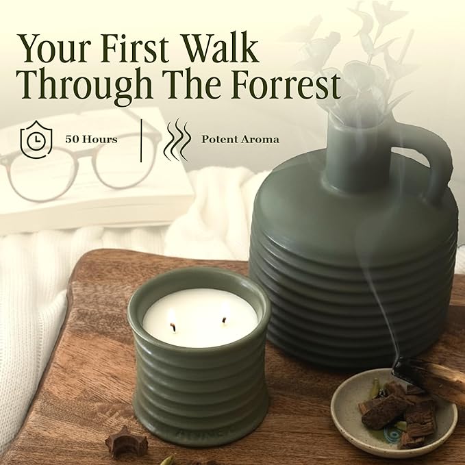 Scented Luxury Candles in Handmade Ceramic Jars, Soy Wax | Woody Wood – Oud & Agarwood, Large Candle | Non Toxic, 2 Wicks, Reusable Big Olive Green Jar | Natural Spring Aromatherapy for Women & Men - Bloomnest