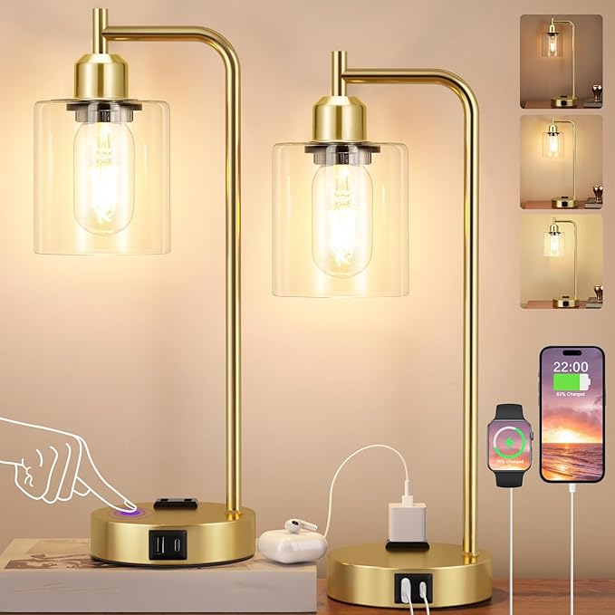 Innqoo Industrial Gold Table Lamp for Bedrooms Set of 2-3-Way Dimmable Desk Lamp with USB C+A Ports and Outlet, Gold Lamps with Clear Glass Shade for Living Room, Desk Lamps for Home Office - Bloomnest