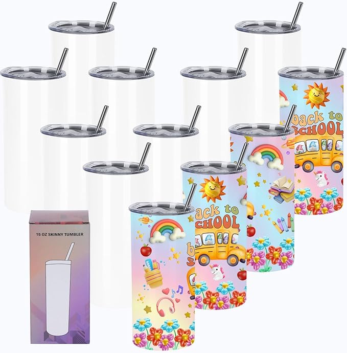 15 Oz Sublimation Tumblers (12 Pack), Skinny Straight Kids Tumblers, Individually Gift Boxed, White - Bloomnest