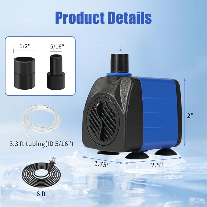 AQUANEAT Small Fountain Pump, 160 GPH Mini Submersible Water Pump with 3.3 ft Tubing, for Aquarium Fish Tank, Pet Water Fountain, Hydroponics, Pond Waterfall Filter Pump - Bloomnest