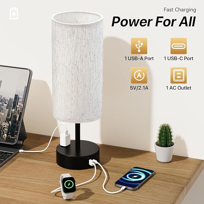 KPQ Small Bedside Lamp Touch Control Table Lamp with USB A+C Charging Ports & AC Outlet 3-Way Dimmable Nightstand Lamp with Linen Fabric Shade for Bedroom Living Room - Bloomnest