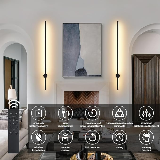 LED Wireless Wall Sconce with Remote Control, Dimmable/350° Rotate/Timing/USB Rechargeable Battery Powered Indoor Wall Lamps, 39.9 inch Black Wall Lights Set of Two for Hallway, Living Room, Bedroom - Bloomnest