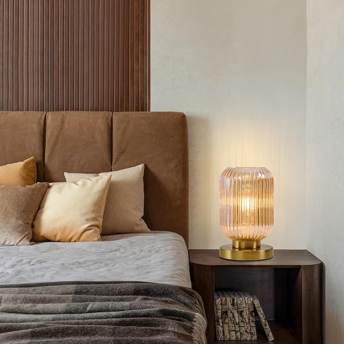 Mid Century Modern Table Lamp: Vintage Amber Ribbed Glass Globe Dimmable Plug in Small Bedside Lamps - Cute Brass Gold Side Table Lamp Nightstand Light for Bedroom Entryway Office Desk Living Room - Bloomnest