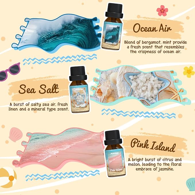Beach Fragrance Oils Set, ARVIDSSON Summer Essential Oils for Diffuser - Beachy Breeze, Ocean Air, Pina Colada, Pink Sand, Sea Salt, Island Time, Tropical Scented Oil - Bloomnest