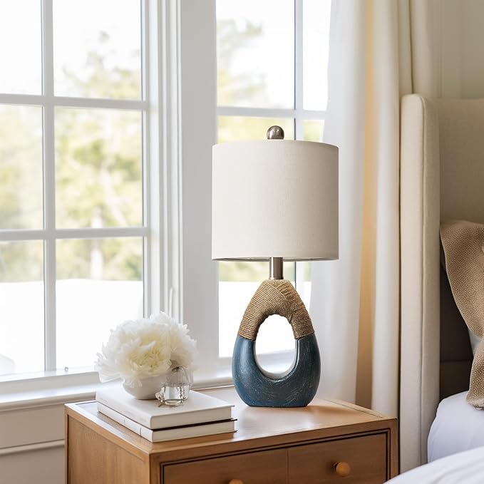 OYEARS 19" Boho Bedside Lamps Set of 2, Suitable for Small Spaces, Blue Table Lamps for Living Room & Coastal Farmhouse End Tables - Bloomnest