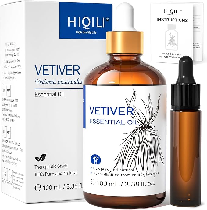 HIQILI 100ML Vetiver Essential Oil, 100% Pure Natural for Diffuser Calm and Relation- 3.38 Fl Oz - Bloomnest