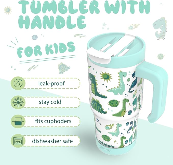 22 oz Tumbler with Handle for Kids, Easy to Hold, Spill-proof, Insulated Cups with Sip/Swig 2-in-1 Lid, Fit Most Car Cup Holders,School, Home,travel,Green Dinosaur - Bloomnest