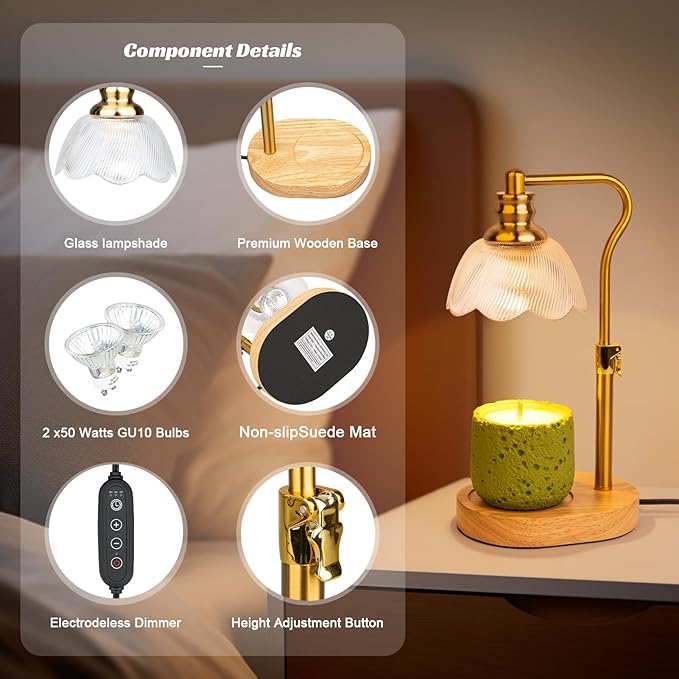 Candle Warmer Lamp, with Timer Dimmer Adjustable Height, Birthday, Mothers Day, House Warming Gift Wax Melt Warmer for Jar Candles(Includes 2 Bulbs) - Bloomnest