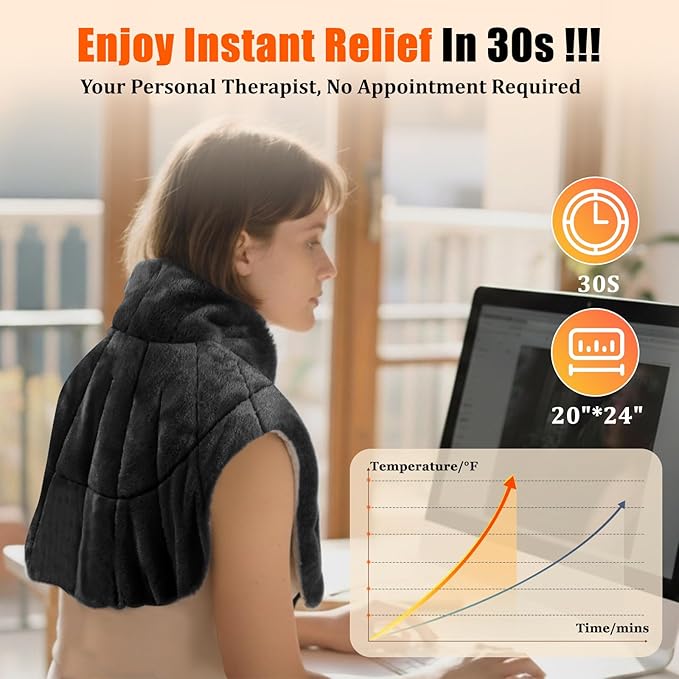 Weighted Heating Pad for Neck and Shoulders and Back,30s Fast Heating for Pain Relief, Ergonomic Heated Wrap, 160℉ Max Temp 8 Heat & 16 Auto-Off Timers,Memory Function,Christmas Gifts for Women,Black - Bloomnest