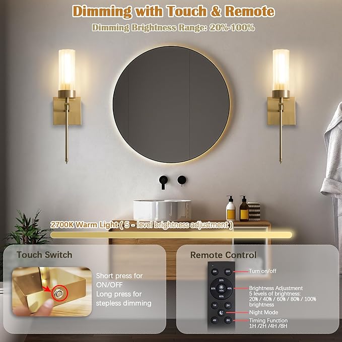 Battery Operated Wall Sconces Set of Two with Remote, Gold Rechargeable Wireless Wall Lights, Sconces Wall Decor Set of 2 Dimmable 2700K Battery Powered Sconce for Bathroom Living Room Hallway - Bloomnest