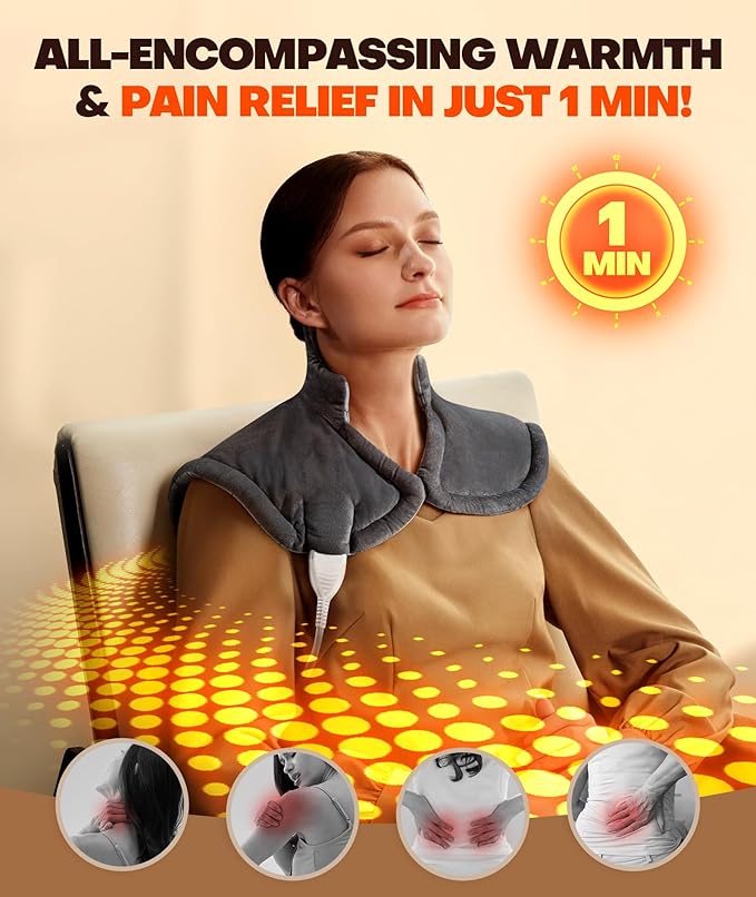 Graphene-Infused 1Min Fast Heating Pad, Deeper Pain Relief Weighted Heating Pads for Neck and Shoulders and Back, Heated Wrap with 6 Heat Options 4 Auto Timer, Gifts for Men Women Mom Christmas - Bloomnest