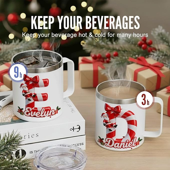 Personalized Christmas Mug | Custom Candy Cane Initial Insulated Cup with Handle & Lid | 12oz Holiday Tumbler, Cute Santa Gift for Kids, Boys & Girls (B36) - Bloomnest