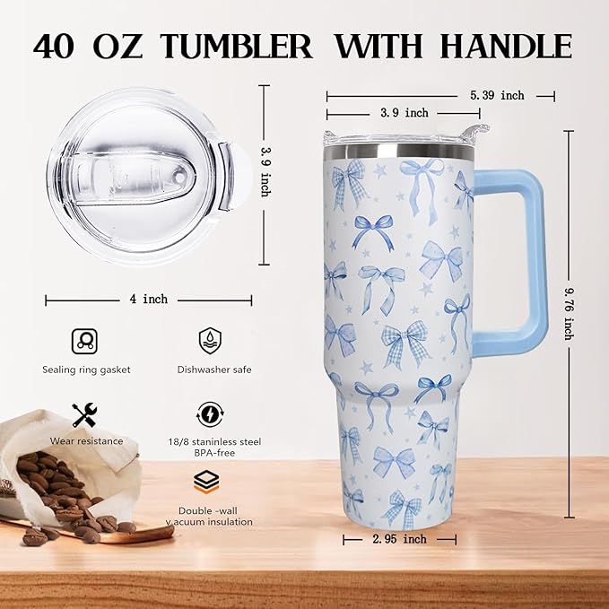 Ceovfoi 40 Oz Blue Bow Tumbler With Handle, Blue Bow Decor Coffee Travel Mug Cup Water Bottle, Gifts for Women Girls - Bloomnest