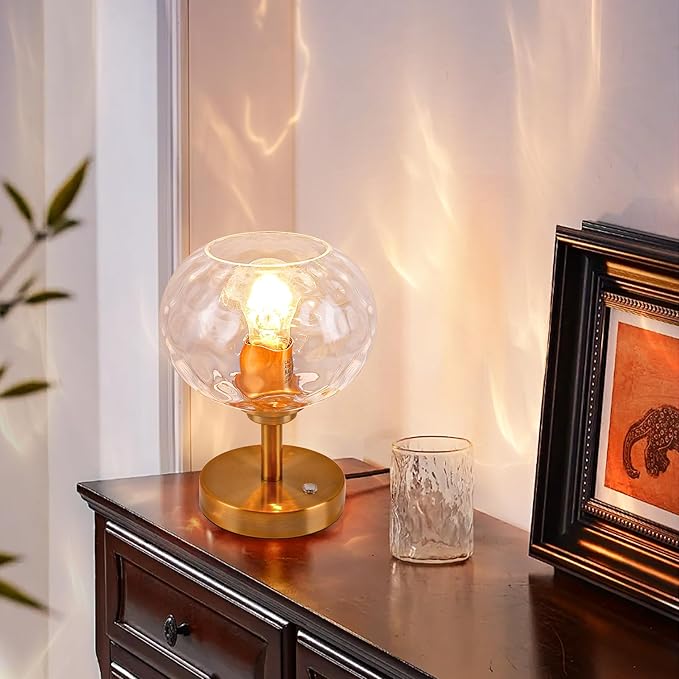 Touch Control Hammered Glass Table Lamp Brass Gold Portable Dimmable Brightness Small Nightstand Light 3-Way Stepless Dimming Bedside Bedroom Living Room (Clear Glass & Gold) - Bloomnest