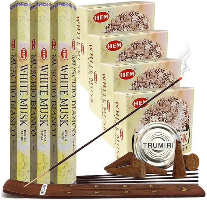 TRUMIRI White Musk Incense Sticks and Cone Incense Holder Variety Pack Bundle TRUMIRI