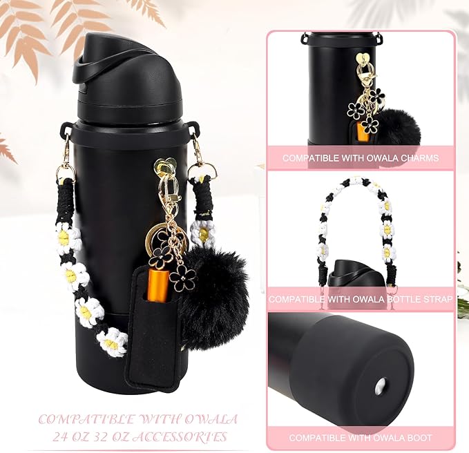 Compatible for Owala Accessories Bundle: Silicone Boot for 24oz & 32oz Bottles, Charms, Handle, Strap, Rubber Bottoms, and Decorative Add-ons for Your Compatible for Owala Water Bottle, Black Cherry Bloomnest