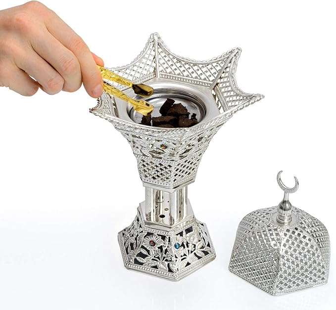 AM Bakhoor Charcoal Incense Burner – Luxury Gold Frankincense Resin Burner for Oud, Bakhoor, Incense Sticks & Cones – Decorative Metal Holder with Removable Lid & Safe Flame Control (Silver) - Bloomnest