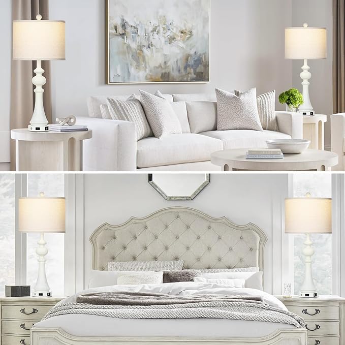 28" Farmhouse Lamps Set of 2 with USB A+C Fast Ports & AC Outlets, Vintage Rustic 3-Way Dimmable Touch Control Table Lamps, Rustic Traditional Bedside Nightstand Lamp for Living Room Bedroom White - Bloomnest
