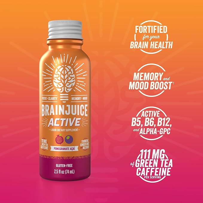 BrainJuice Active Focus & Energy Drink Shots, Supports Endurance, Recovery & Clarity, Non-GMO, Gluten Free, Nootropics, Alpha GPC, B Vitamins & Organic Green Tea, Pomegranate Acai, 2.5 fl oz, 12 Pack - Bloomnest