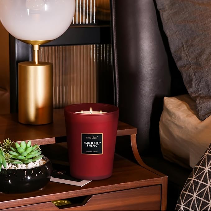 HomeLights Scented Candles - Large Jar Aromatherapy, Natural Soy Wax, 130 Hour Long Burning, Ruby Cherry & Merlot - Bloomnest