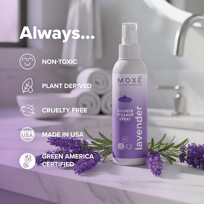 MOXE Lavender Oil Shower Mist, Spa Steam Spray, Certified Natural 100% Essential Oils, Made in USA, Aromatherapy, Tension Relief (4 FL Oz, Pack of 2) - Bloomnest