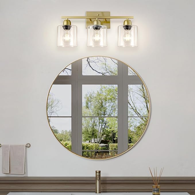 Modern Brushed Gold 3 Light Bathroom Light Fixtures, 19 inch Vanity Lights for Bathroom with Clear Glass for Mirror Kitchen Living Room Hallway Cabinet Porch - Bloomnest