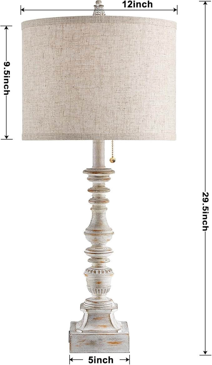 Set of 2 Farmhouse Table Lamps for Living Room, 29.5" Inch Tall Rustic Bedrooms Nightstand Table Lamp with USB-C & USB-A Charging + AC Outlet, Pull Chain Bedside Lamp for End Table, Antique White - Bloomnest
